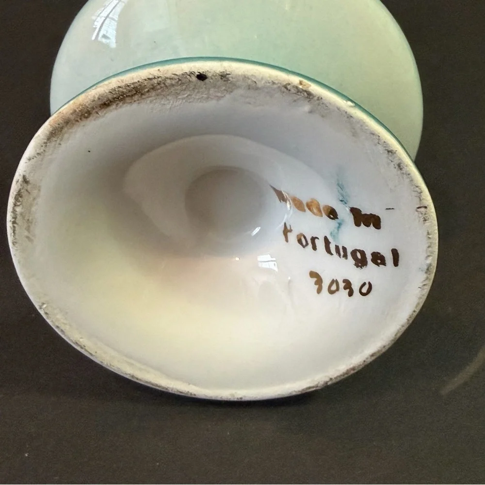 Nautical Porcelain Vase Portugal Teal Blue Sailboat Hand Painted Mid Century H h